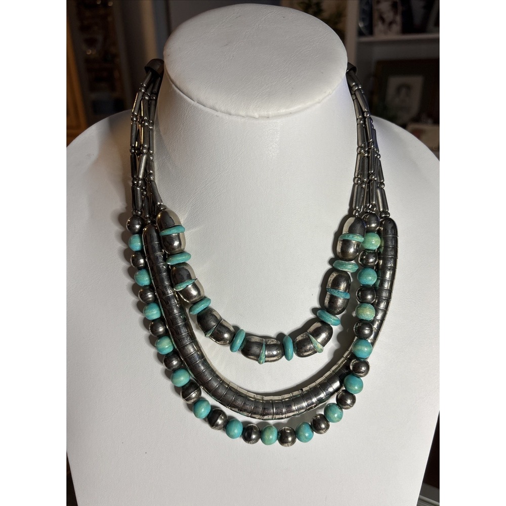 Southwestern Turquoise Look Silver Tone Multi Strand Tribal Bib Necklace